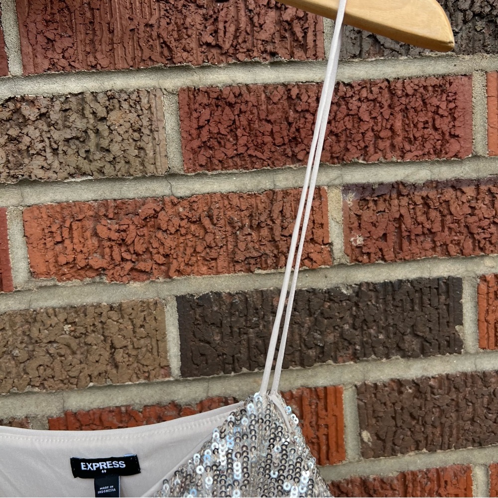 Express Champagne Rose Gold Glittery Sequin Spaghetti Strap Flounce Top - Picture 6 of 6
